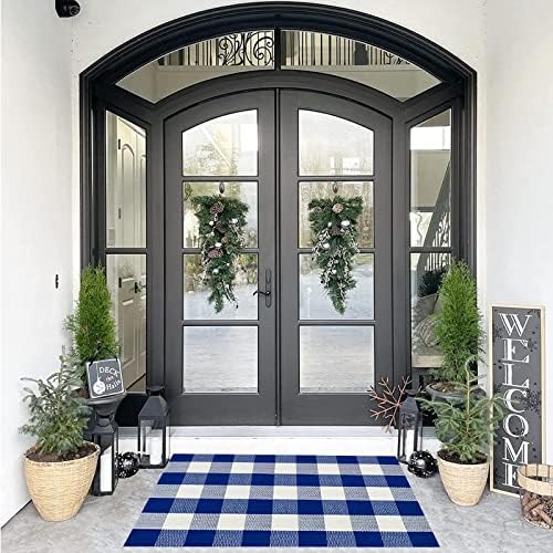 SEEKSEE Buffalo Plaid Outdoor Rug 27.5x43 Blue and White Front Door Mat, Layering Rug for Porch, Summer Doormat, Front Porch Rug for Outdoor Entrance Entryway Patio Porch Decor by SEEKSEE