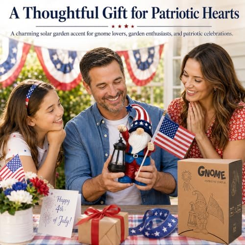 Solar Patriotic Gnome Statue: Outdoor Figurine with Lantern - Image 2