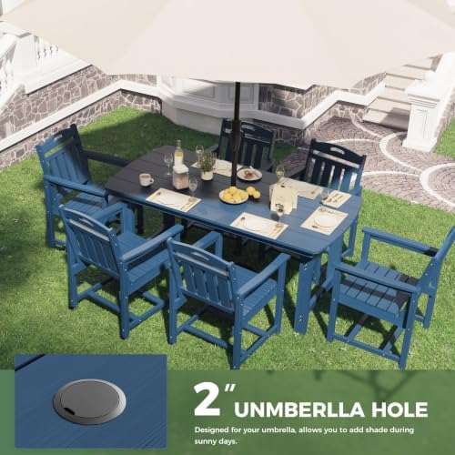 HDPE Outdoor Dining Set, Patio Table and 6 Chairs, 2" Umbrella Hole, Navy - Image 5