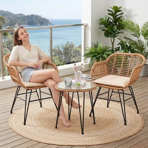 3 Piece Outdoor Wicker Furniture Bistro Set, Rattan Chairs Conversation Sets Wicker Patio Furniture for Balcony Poolside Backyard, Beige by HOMEZILLIONS
