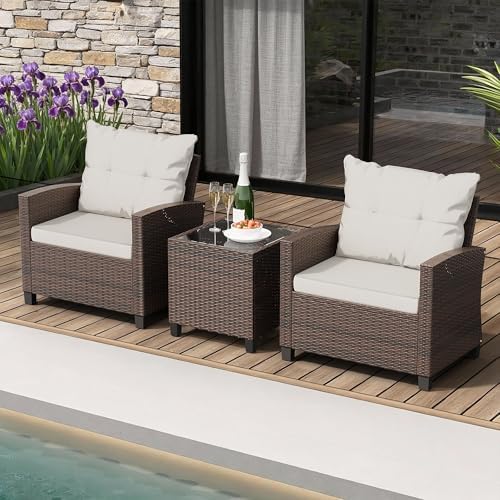 Shintenchi 3 Pieces Patio Furniture Set, PE Rattan Wicker 3 Pcs Patio Set, Outdoor Furniture Set with Two Outdoor Chairs and Table, Conversation Set for Garden, Poolside, Balcony, and Porch(Beige) - Image 7