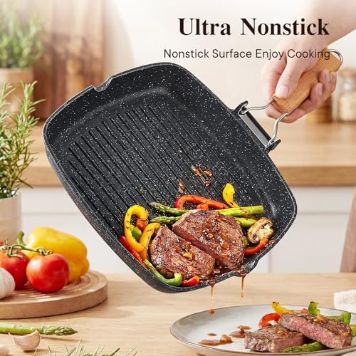 GiPP 9.5 Inch Nonstick Grill Pan with Folding Handle,Square Grill Skillet - Image 6