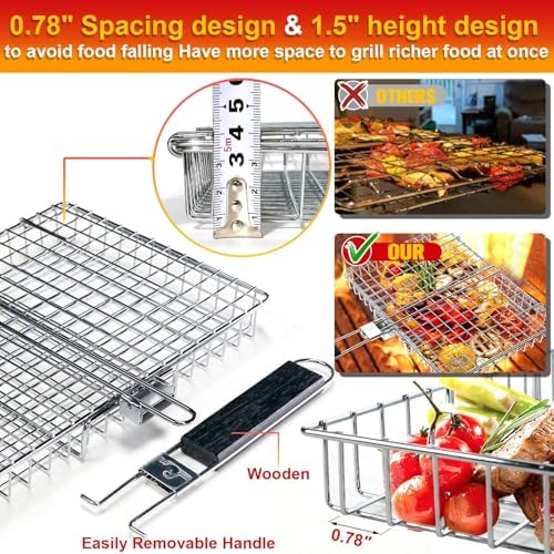Large Stainless Steel Grilling Basket with Removable Handle – Deep Fish & Vegetable Grill Basket for Outdoor BBQ, Heavy Duty Non-Stick Basket for Gas/Charcoal Grill, Easy to Clean – Gifts for Dad - Image 3