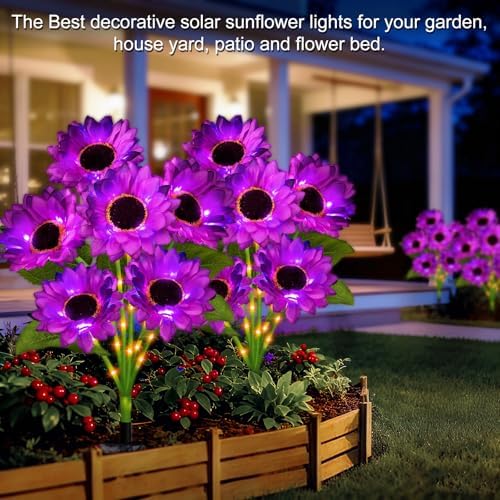 Solar Sunflower Lights Outdoor Garden Decor, 4 Pack Solar Purple Flowers Lights with 24 Sunflowers, Waterproof Fall Decor Stake Decorative Light Auto ON/Off for Garden Yard Patio, Gift for Women - Image 6