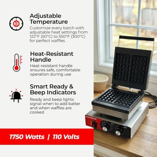 Superior Kitchen Equipment Commercial 2-Slice Square Belgian Waffle Maker - Image 3
