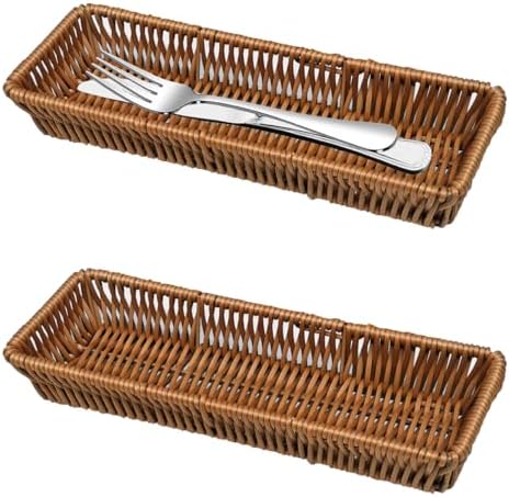 Silverware Organizer Basket, Outdoor Dining Cutlery Baskets, Small Wicker Bread Cracker Baskets 2 Pack, Stackable Wicker Storage Baskets for Spoons Forks Knives Stationery (Rectangle) by Unknown
