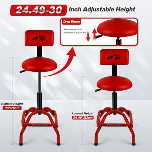 Shop Stool with Backrest, Mechanic Garage Stool for Workshop, Adjustable Shop Stools Chair, Padded Workbench Stools for Men Women, 300 LBS Capacity, 360° Swivel PVC Seat, Heavy Duty, Red - Image 2