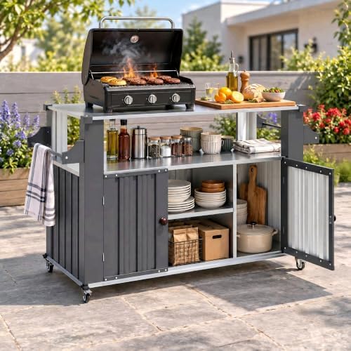 AECOJOY Outdoor Grill Cart with Stainless Steel Top, Outdoor Kitchen Island with Wheels, BBQ Prep Table, 2-Tier Storage Cabinet, Rolling Utility Station for Patio in Dark Grey by AECOJOY