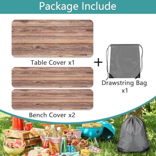 Picnic Table Cover with Bench Covers Camping Essentials Farmhouse Outdoor Table Covers Wood Grain Waterproof Windproof Fitted Tablecloth Cover with Elastic Edge for Indoor & Outdoor 3 PCS 30x96 Inch - Image 6