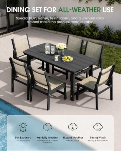 HDPE Outdoor Dining Set, Patio Table and 6 Stackable Armless Chairs, Black - Image 4