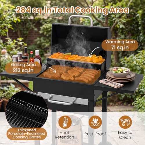 HAPPYGRILL Charcoal Grill with 2 Side Tables,Thermometer & 2 Wheels - Image 5