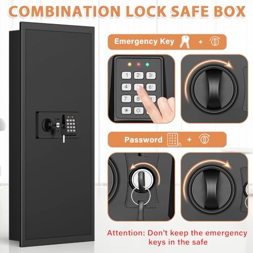 Black 37.4" Tall Wall Safe Between Studs with Combo Lock & Removable Shelf - Image 4