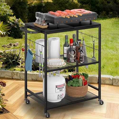 DAOUTIME Grill Cart for Outside, 3-Tier BBQ Food Prep Rolling Table Cart, with 23.62" Lx 15.75" W Rust-Resistant Tabletop, Outdoor Pizza Oven Table Ideal for Patio Backyard Kitchen Tools Room by DAOUTIME