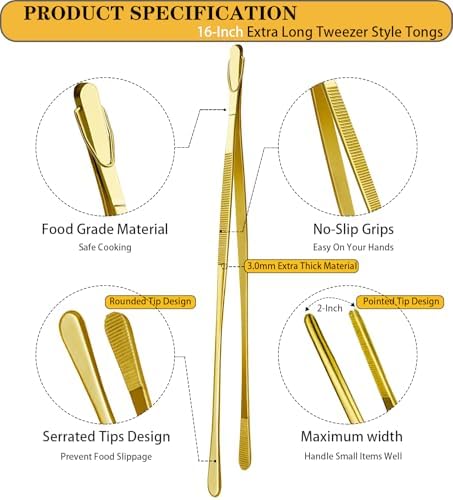JETKONG 2 Pcs 16-Inch Heavy Duty Cooking Tweezers Extra Large Stainless Steel Food Tweezers Gaint Kitchen Tweezer Tongs (Gold) - Image 2