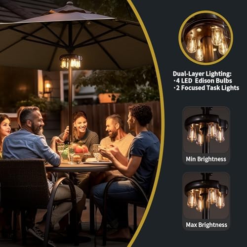 Patio Umbrella Light with Remote Control, Rechargeable Cordless LED Edison Bulbs Pole Light with 10 Brightness Levels for Garden, Patio, Backyard, Camping or BBQ - Brown (1 Pack) - Image 5