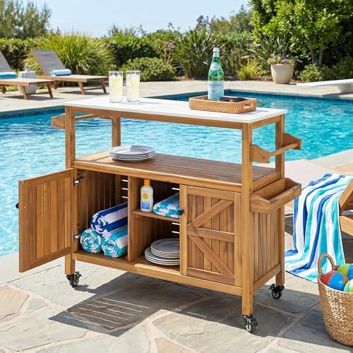 Christopher Knight Home Shina Outdoor Bar Cart with Marble-Effect Top + Lockable Wheels, Acacia Wood Outdoor Storage Cabinet with Open Shelves and 2 Doors, Kitchen Island Serving Cart, Natural by ChristopherKnightHome