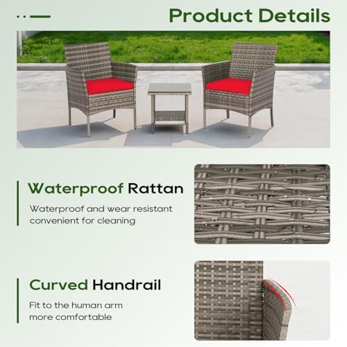 FDW 3-Piece Patio Furniture Set | Gray & Red | Outdoor Wicker Furniture - Image 3