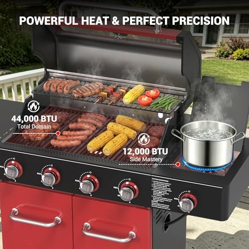 HUGROVE 4-Burner Liquid Propane Gas Grill, 56,000 BTU with Side Burner Red - Image 3