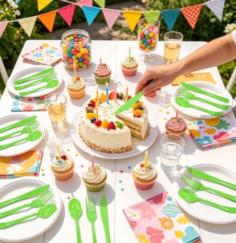 HEIPINIUYE 75 Pack Lime Green Plastic Cutlery Heavy Duty Green Plastic Knives Forks and Spoons Disposable Silverware Set for 25 Guest Camping Birthday Baby Shower Wedding Party Utensils Set - Image 2