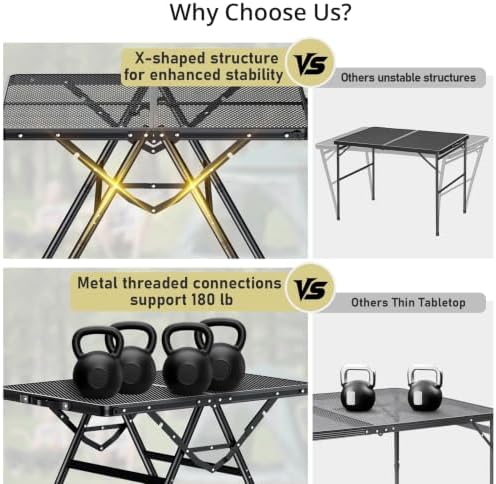 Anbte 3ft Folding Grill Table, Supports 180 Lbs, 2 Adjustable Height, Black - Image 4