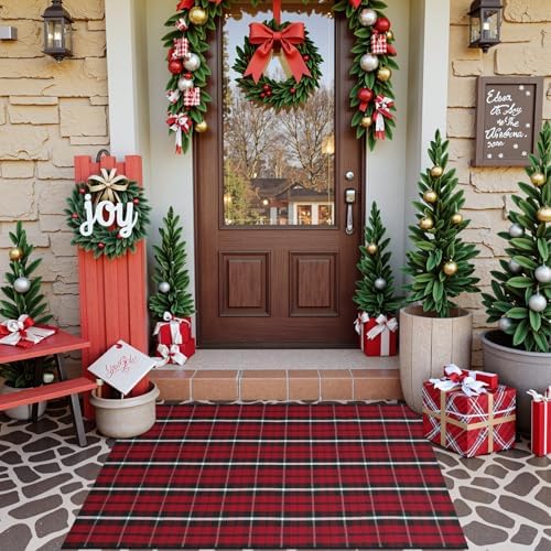 OJIA Christmas Door Mats Outdoor Rug 3'x5' Red Plaid Rug Front Porch Rug - Image 2