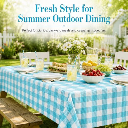 Turquoise Blue Gingham Tablecloth 8 Pack, Disposable Plastic 54 x 108 Inch - Image 4