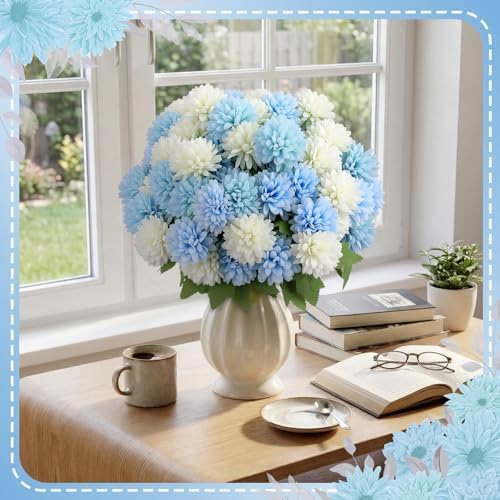 XunYee 12 Pcs Blue Artificial Flowers for Outdoor,Silk Chrysanthemums - Image 5