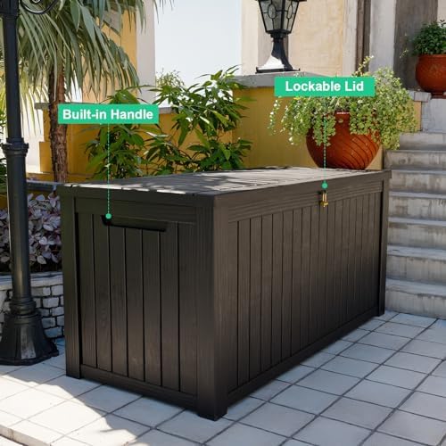 ROJIK Outdoor Storage Housing Deck Box - Waterproof Patio Furniture, Garden Tools, Cushions, Pool Accessories Storage Bench with Lockable Lid and Side Handles (Black, 200 Gal) - Image 4
