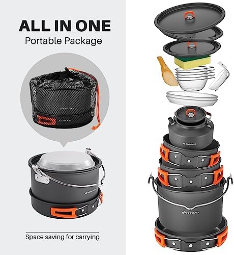 Odoland 18pcs Camping Cookware Large Size Hanging Pot Pan Kettle Set with Plastic Plates Bowls Soup Spoon for Camping, Backpacking, Outdoor Cooking and Picnic - Image 2