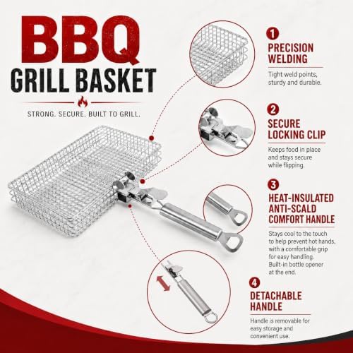 BBQ Grill Basket Set with 12 Inch Tongs & 2 Silicone Basting Brushes, Stainless Steel Folding BBQ Basket for Grilling, Portable Barbecue Grill Basket for Fish, Shrimp, Vegetables, Steak - Image 5