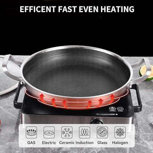 DELARLO 13 Inch Tri-Ply Stainless Steel Paella Pan with Lid Nonstick Frying Pan, Hybird Induction Large Skillets,Great for Paella Parties Indoors Outdoors,Heavy Duty Style - Image 3