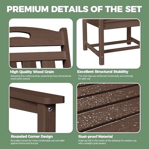 HDPE Outdoor Patio Dining Set with Table & 6 Chairs, All-Weather 7-Piece Outdoor Table and Chairs, 2" Umbrella Hole, Patio Furniture for Garden, Backyard, Deck | Brown - Image 6