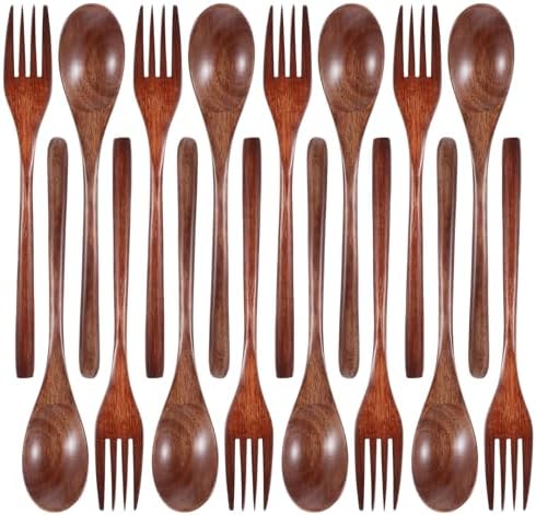 cobee Wooden Spoon and Fork for Eating,8Pcs Wood Dinner Utensil Set Handmade Reusable Kitchen Wooden Flatware Tableware Cutlery Set for Stirring Cooking Camping Party 9 Inch by Unknown