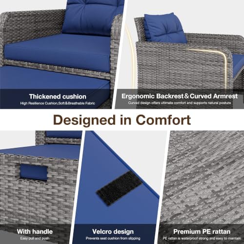 LHBcraft 5 Piece Patio Furniture Set, PE Wicker Outdoor Furniture Set with Soft Cushions & Coffee Table, Outdoor Lounge Chairs with Ottoman for Porch, Lawn, Balcony, Blue-Grey - Image 3