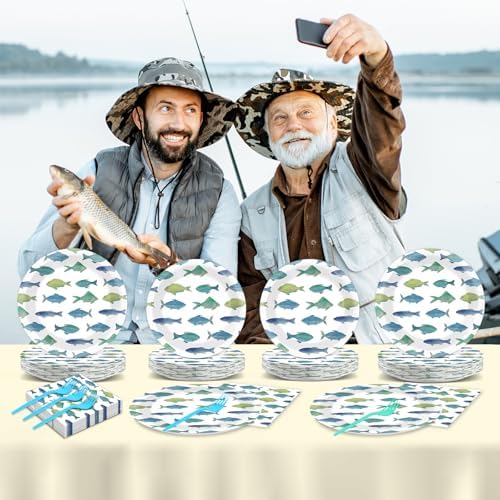 96Pcs Gone Fishing Party Paper Plates and Napkins Sea Ocean Fish Birthday Supplies Little Fisherman Tableware for 24 Guests for Summer Wedding Ofishally One Fishing Birthday Gatherings Decorations - Image 6