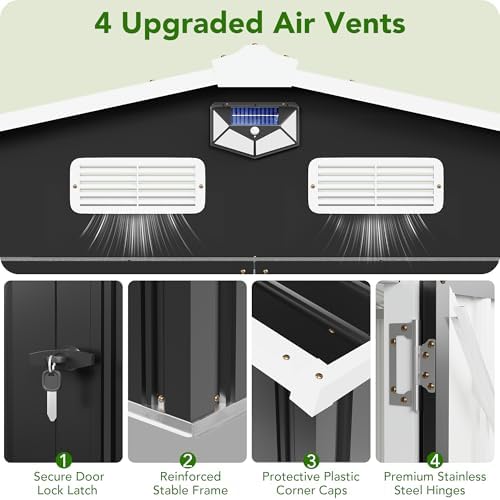 MXV 8 x 6FT Outdoor Storage Shed, Metal Garden Shed with Windows, Double Lockable Doors & Sloped Roof, Magnetic Solar Lamp, Waterproof Tool Sheds for Backyard Garden Patio Lawn, Black - Image 6