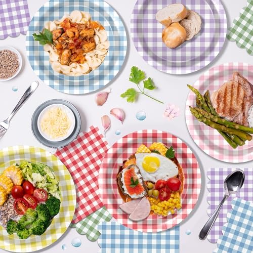 OXYLIPO 48 Pcs Gingham Dessert Paper Plates Set -7 Inch 6 Color Disposable Checkered Tableware | Pastel Round Small Plates for Picnic Wedding Birthday Baby Shower Camping Party Supplies - Image 3