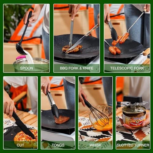Camping Essentials Cookware Cooking Utensils Set - Portable Camp Kitchen Mess Kit Outdoor Accessories, Stainless Steel & Silicone, Camping Gear Equipment for RV Picnic Grill, Brown - Image 4