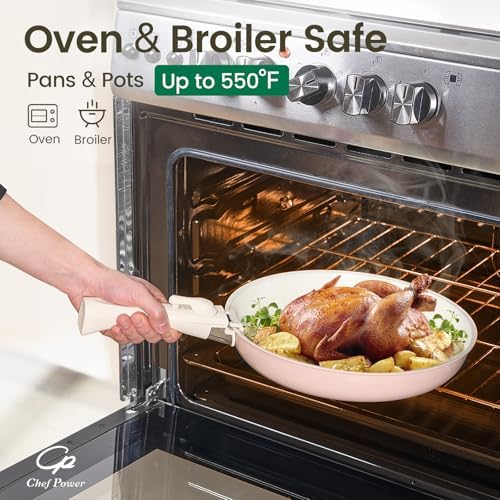 Chef Power Ceramic Nonstick Pots and Pans Set 19 Piece with Detachable Handle, Induction Dishwasher Oven Safe Cookware Set, RV Kitchen Set Removable Handle (Light Pink) - Image 6