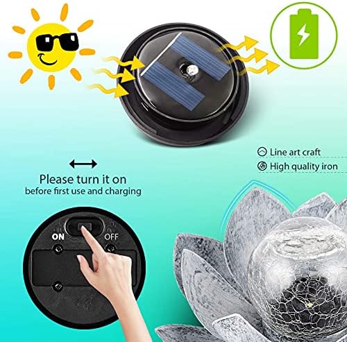 Huaxu Solar Lights Outdoor Garden, Crackle Globe Glass Lotus Decor, Waterproof LED Metal Flower Decorations for Patio,Lawn,Walkway,Tabletop,Ground - Image 4