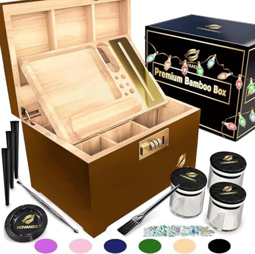 HOVANZO Premium Large Bamboo Storage Box with Organizer Tray - Storage Wood Box and Accessories - Decorative Box with Combination Lock - Large Wooden Container - Box Kit with Glass Jars by hovanzo
