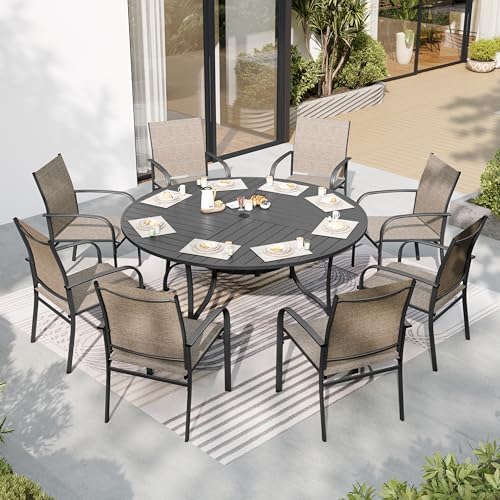 SUNSHINE VALLEY 9pc Patio Dining Set, 67" Round Table & 8 Brown Chairs by SUNSHINEVALLEY
