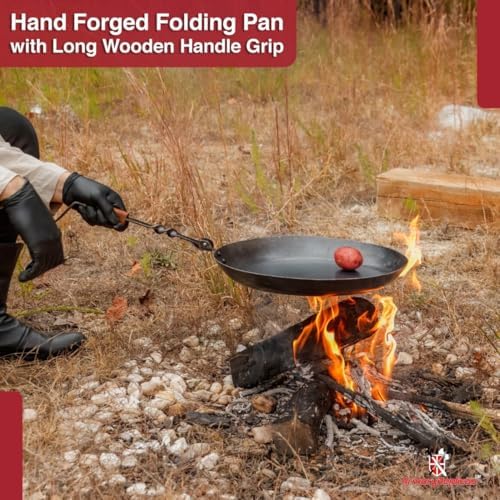 Armory Replicas™ Convenient Company Heavy Duty Folding Frying Pan – Hand-Forged Large 14.55" Outdoor Cookware with Walnut Handle - Image 6