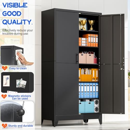 GAIOUS 79" Tall Metal Storage Cabinet with Lock,2 Door Steel Bookcase Black - Image 3