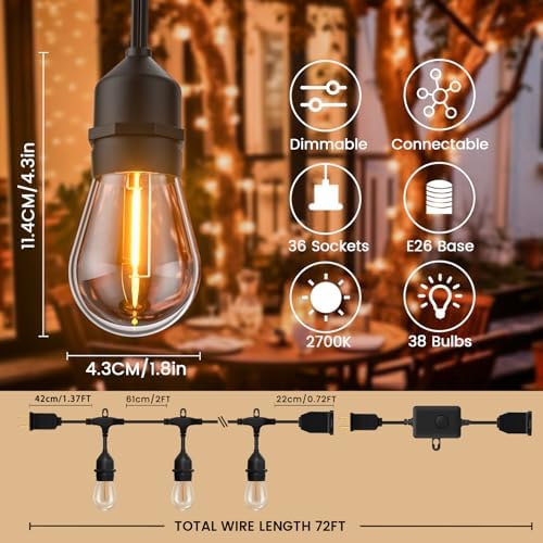 72ft Outdoor String Lights with Remote & Dimmer,36+2 Commercial Grade IP65 Waterproof Bulbs, 2700K Warm White,3 Lighting Modes & Timer,Includes 40 Cable Ties for Patio,Garden, Party - Image 5