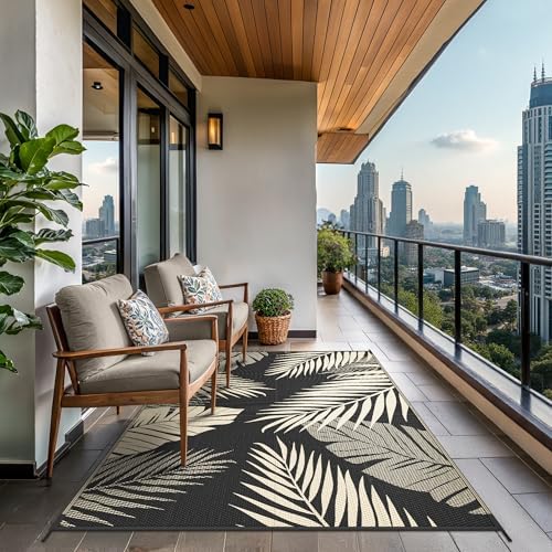 GENIMO Outdoor Rug, Waterproof Plastic Rugs for Patio, 5'x8' Black Beige - Image 4
