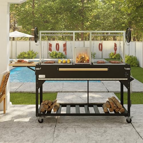 KoolMore 92 in. Charcoal and Wood BBQ Grill, Santa Maria Argentine Style Grill with Dual Adjustable Grate, Heavy Duty, in Black - Image 4