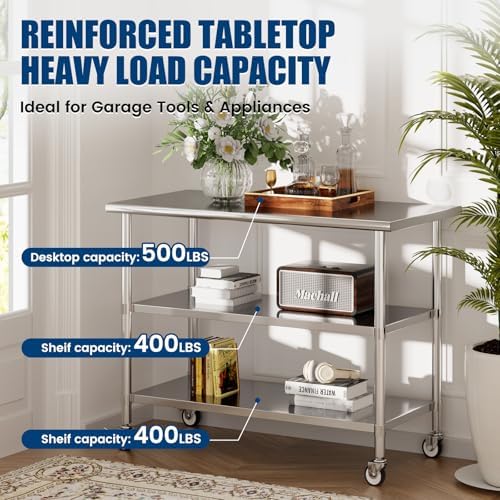 Stainless Steel Work Table with Wheels, 24x60 Inch NSF Kitchen Prep Table with 2 Adjustable Undershelves for Commercial Restaurant, Garage, Outdoor BBQ - Image 2