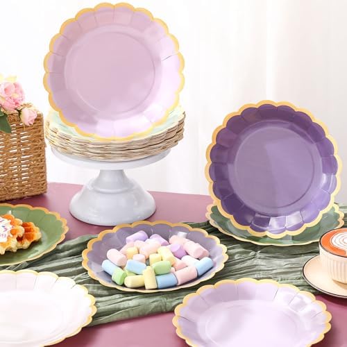 96 Pcs Sage Green Purple Paper Plates 9 Inch Scalloped - Image 6