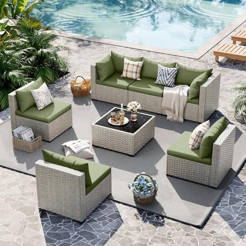 UDPATIO Outdoor Patio Furniture Set 7 Pcs Wicker Sectional Sofa Grass Green - Image 6